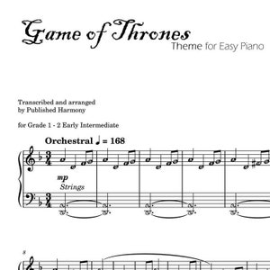 Op de afbeelding: Partituur voor de Game of Thrones-thema voor gemakkelijke piano. De muziek is geschreven in de toonsoort G majeur en is in 4/4 maat. Het tempo is 168 slagen per minuut. De muziek is voor spelers met een vroeg intermediair niveau.