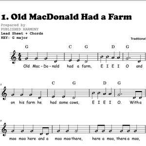 May include: Sheet music for the song "Old MacDonald Had a Farm". The music is written in the key of G major and includes chords. The lyrics are printed below the music.