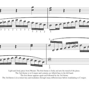 May include: A sheet of music with the title "Light and lively piece from Mozart." The music is written in treble clef and includes notes and numbers. The text "The 1st theme is lively and sets the mood of the piece." is also included.