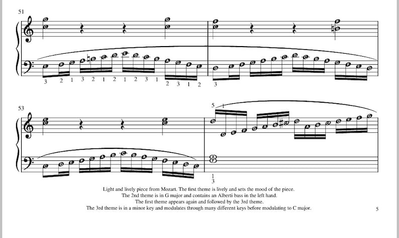 May include: A sheet of music with the title "Light and lively piece from Mozart." The music is written in treble clef and includes notes and numbers. The text "The 1st theme is lively and sets the mood of the piece." is also included.