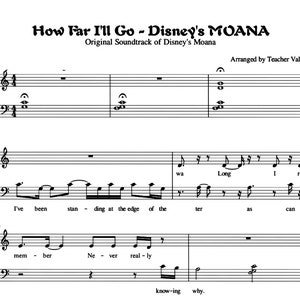 Może przedstawiać: Nuty do piosenki "How Far I'll Go" z filmu Disneya Moana. Muzyka jest zaaranżowana na fortepian i zawiera tekst.