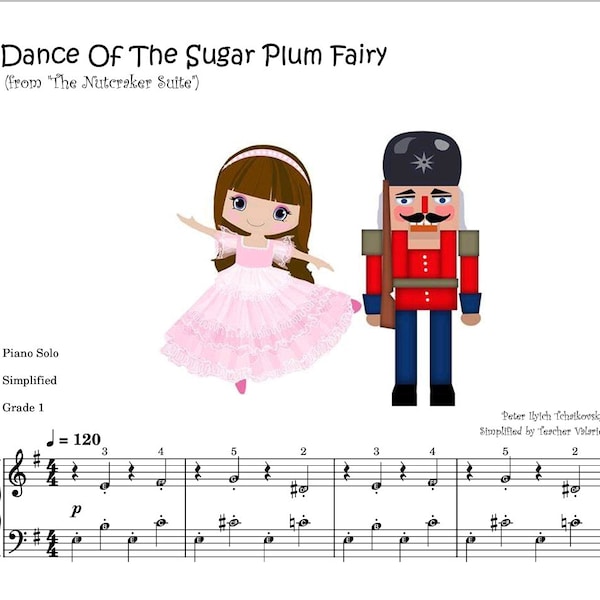 Dance of the Sugar Plum Fairy (Grade 1) simplified digital piano score with mp3 sample