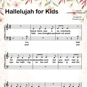 Hallelujah for Kids - Attractive Piano Sheet Music Score with note names and lyrics
