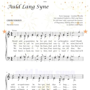May include: A sheet of music with the title "Auld Lang Syne" and the lyrics for the song. The music is written in a traditional style with a treble clef and a bass clef. The lyrics are written in a clear and easy-to-read font.