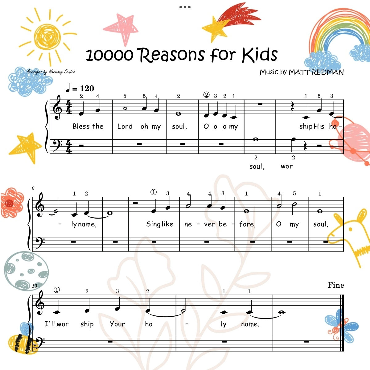 10000 Reasons for Kids (bless My Soul) | Attractive Piano Sheet Music Score With Note Names Lyrics Finger Numbers - Etsy for Free Printable 10000 Reasons Piano Sheet Music Easy Pdf
