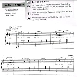 Feuille de piano Valse en la mineur (5e année) avec informations sur la performance artistique