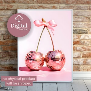 Disco Cherry Digital Download Pink Aesthetic Wall Art Retro 70s Printable Decor Sparkly Fruit Illustration Instant Download