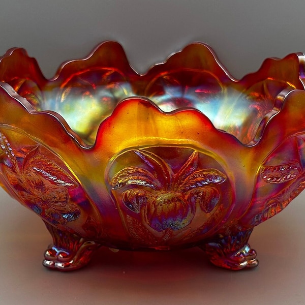 LE Smith Orange Red Carnival Glass Footed Dish