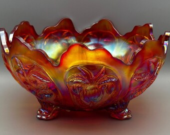 LE Smith Orange Red Carnival Glass Footed Dish