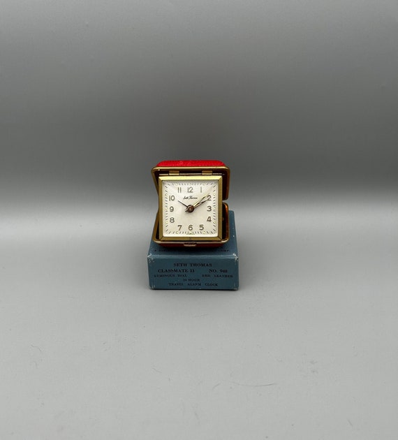 Seth Thomas Red Leather Alligator Travel Clock 948 in Original Box 