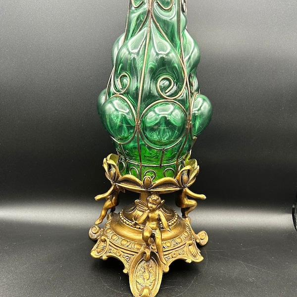 Vintage Handblown Emerald Murano Caged Glass Shade and Dav Art Cherub Base Lamp