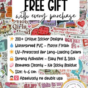 May include: A collection of colorful stickers with various designs, including text and illustrations. The stickers are waterproof, UV-protected, and measure 4-6 cm in size. The image also includes the text "FREE GIFT with every purchase."