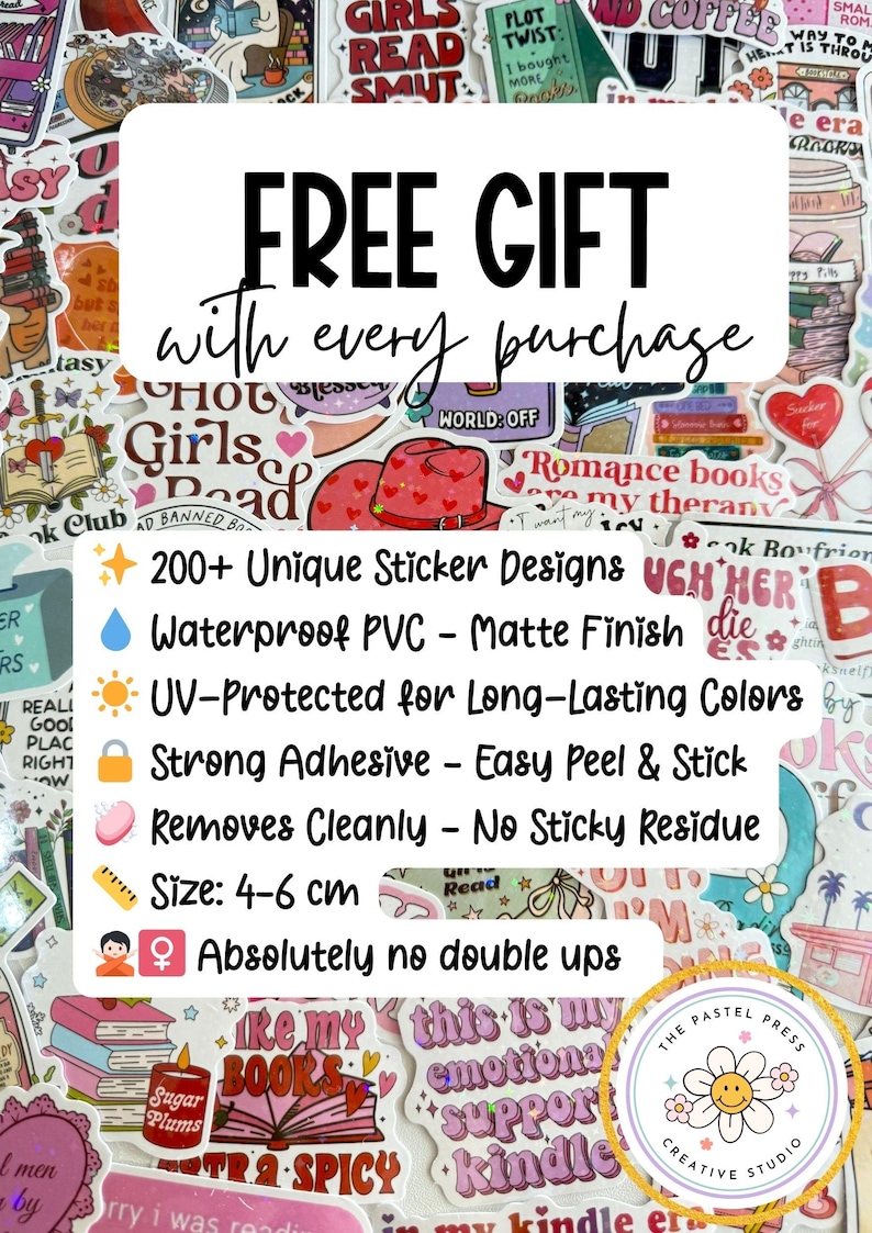 May include: A collection of colorful stickers with various designs, including text and illustrations. The stickers are waterproof, UV-protected, and measure 4-6 cm in size. The image also includes the text "FREE GIFT with every purchase."