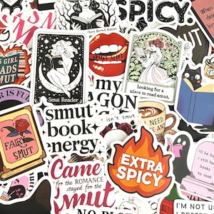 Op de afbeelding: Een verzameling stickers met diverse ontwerpen en tekst. De stickers bevatten illustraties van heksen, schedels, boeken en katten. Tekst omvat "Smut Reader", "Extra Spicy" en "Looking for a place to read smut."