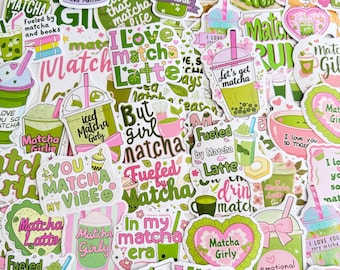 May include: A collection of colorful stickers with matcha-themed designs. The stickers feature phrases like "I Love Matcha Latte," "Matcha Girly," and "Iced Matcha." The color palette includes shades of green, pink, and white, with various illustrations of matcha drinks.