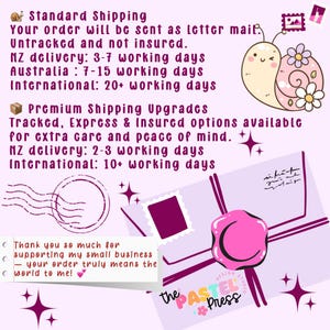May include: A pastel-colored graphic with a snail illustration, a pink wax seal, and text that reads "The Pastel Press." The image includes text about shipping options and a thank you message.