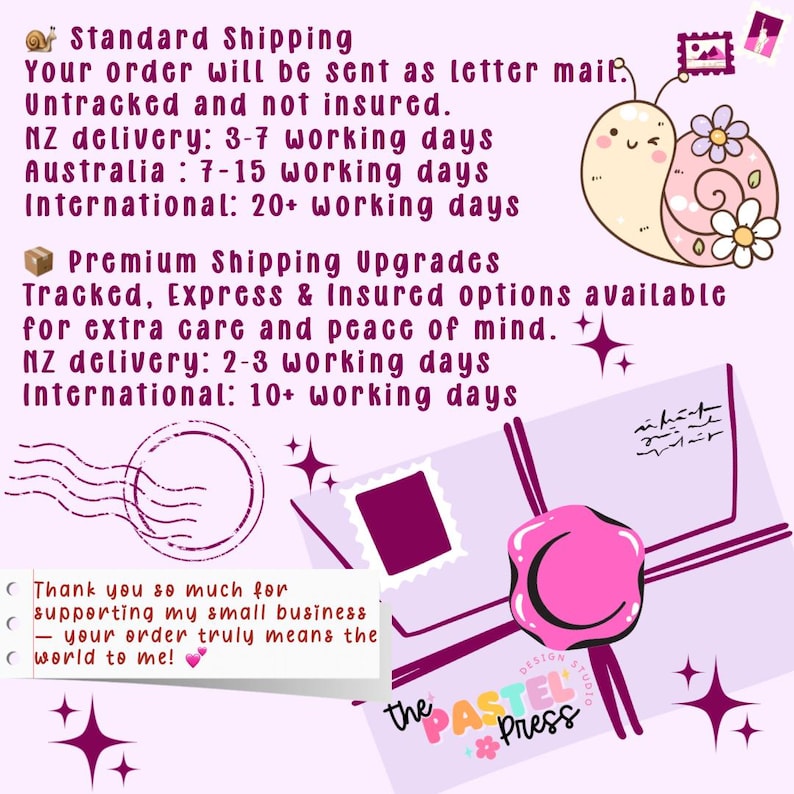 May include: A pastel-colored graphic with a snail illustration, a pink wax seal, and text that reads "The Pastel Press." The image includes text about shipping options and a thank you message.