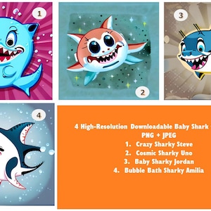 Personajes de tiburón bebé súper divertidos. Hecho para niños. Archivos PNG/JPG de alta resolución. Descarga digital, Descarga imprimible. Arte digital.