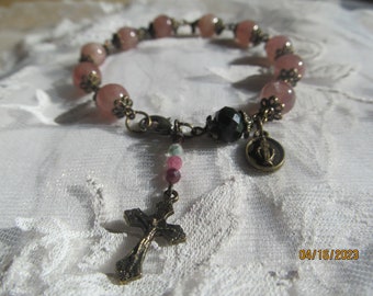 Madagascar Rose Quartz Rosary bracelet with emerald rondelle