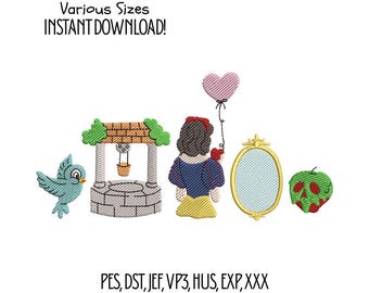 Snow White Embroidery Design Set with Princess Mirror Poison Apple Wishing Well Bird Balloon