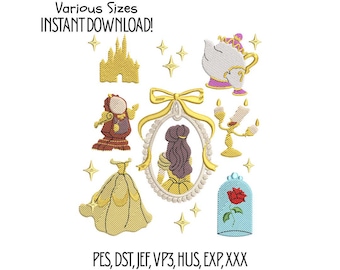 Beauty and the Beast Embroidery Design Set: Belle, Castle, Rose (Instant Download)