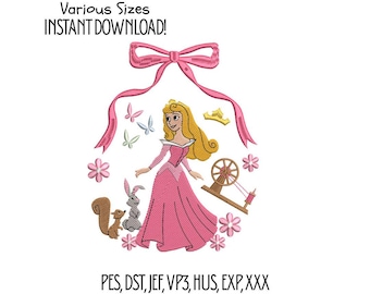 Pink Princess Embroidery Design – Fairytale Spinning Wheel, Woodland Animals (Instant Download)