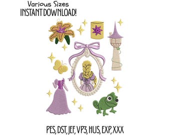 Rapunzel Embroidery Design Set: Tower, Dress, Lantern (Digital Download)
