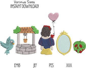 Snow White Embroidery Design Set with Princess Mirror Poison Apple Wishing Well Bird Balloon