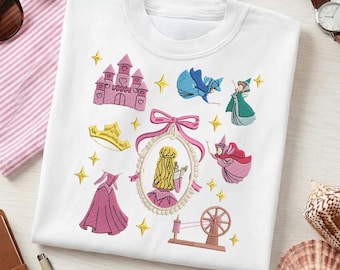 Sleeping Princess T-Shirt | Three Fairies Fairytale Tee | Faux Embroidery Pink Castle Top | Spinning Wheel Shirt | Storybook Magic Gift