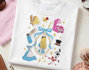 Wonderland Tea Party T-Shirt | Faux Embroidery Magic Cat Tee | White Rabbit Shirt | Fairytale Blue Dress Top | Storybook Apparel