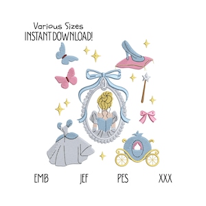 May include: An embroidery design set featuring a princess theme. Includes a dress, carriage, butterflies, a shoe on a pillow, a wand, and a bow. The text "Various Sizes INSTANT DOWNLOAD!" is at the top. File formats are listed at the bottom.