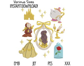 Beauty and the Beast Embroidery Design Set with Belle Portrait Gown Castle Rose Lumiere Cogsworth Teapot Instant Download