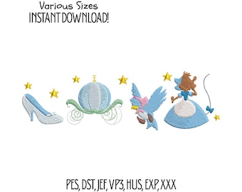 Cinderella Embroidery Design Set: Glass Slipper, Carriage, Mouse, Bird (Digital Download)