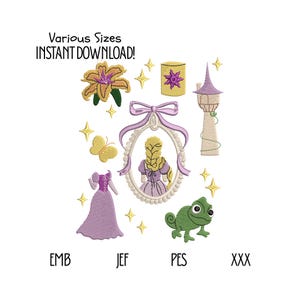 Può includere: Un set di ricami con elementi di una fiaba. Include un vestito, una torre, una rana, una farfalla, un fiore, una lanterna e un ritratto di una donna con lunghi capelli biondi. Il testo "Various Sizes INSTANT DOWNLOAD!" è in alto.