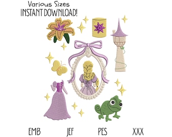 Rapunzel Embroidery Design Set: Tower, Dress, Lantern (Digital Download)