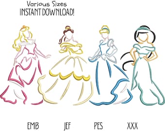 Princess Silhouette Embroidery Design: Belle, Jasmine, Aurora, Cinderella (Digital Download)