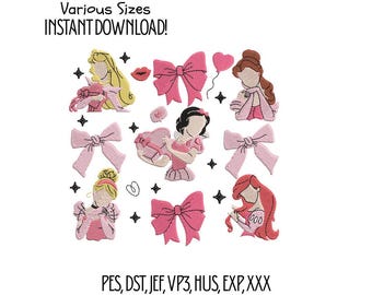 Princess Embroidery Design Bundle Pink Bows Fairy Tale Girls Machine Embroidery Files Instant Download