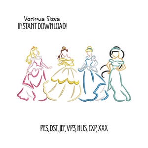 Puede incluir: Un archivo de diseño de bordado con cuatro contornos de princesas estilizadas en rosa, amarillo, azul y turquesa. El texto dice Various Sizes INSTANT DOWNLOAD! y PES, DST, JEF, VP3, HUS, EXP, XXX. Estas figuras de arte lineal muestran personajes con vestidos.