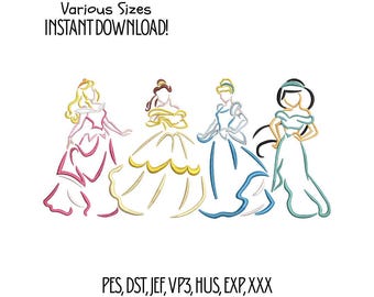 Princess Silhouette Embroidery Design: Belle, Jasmine, Aurora, Cinderella (Digital Download)