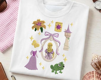 Floating Lantern T-Shirt | Magical Fairytale Tower Tee | Faux Embroidery Princess Top | Purple Gown Shirt | Long Hair Princess Apparel