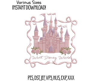 Princess Castle Embroidery Design, Pink Ribbon Frame (Instant Download)