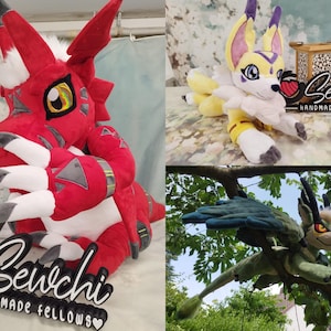 May include: A collection of handmade plush toys featuring characters from anime and video games. The plushies include a large red dragon, a yellow fox-like creature, and a green dragon perched on a tree branch. The Sewchi Handmade Fellows logo is also visible.