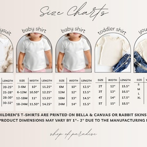 May include: Size chart for baby bodysuits, shirts, toddler shirts, and youth shirts. Measurements are in inches for width and length. Includes sizes from 3-6 months to XL. Text reads "shop of paradise."