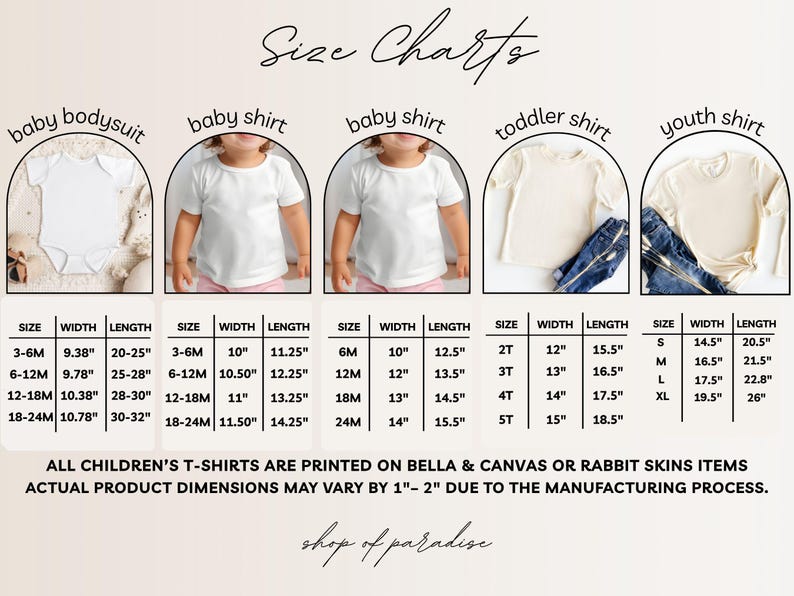 May include: Size chart for baby bodysuits, shirts, toddler shirts, and youth shirts. Measurements are in inches for width and length. Includes sizes from 3-6 months to XL. Text reads "shop of paradise."