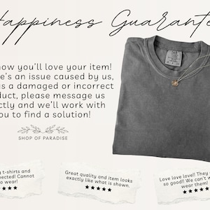 May include: A charcoal gray crew neck t-shirt with a visible brand label at the inner collar. The image includes text stating Happiness Guarantee, a customer service policy, the Shop of Paradise logo, and three five-star customer reviews.