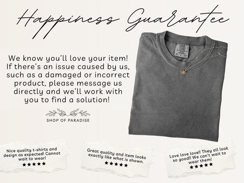 May include: A charcoal gray crew neck t-shirt with a visible brand label at the inner collar. The image includes text stating Happiness Guarantee, a customer service policy, the Shop of Paradise logo, and three five-star customer reviews.
