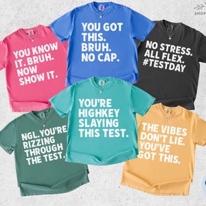 May include: A collection of six short-sleeved t-shirts in various colors, each with a different white text design. The shirts are in shades of pink, blue, teal, black, green, and yellow. The text includes phrases like "You Got This" and "No Stress."