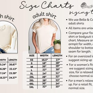 Pu&ograve; includere: Tabella delle taglie per magliette per bambini e adulti. La tabella mostra le misure di larghezza e lunghezza in pollici per ogni taglia. Sono inclusi suggerimenti sulle taglie per un look rilassato, aderente o oversize.