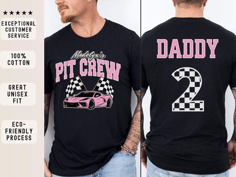 May include: Two black t-shirts with pink text. One shirt says "Madelyn's Pit Crew" with a pink race car and checkered flags. The other shirt says "Daddy" with a pink number "2" with a checkered pattern.