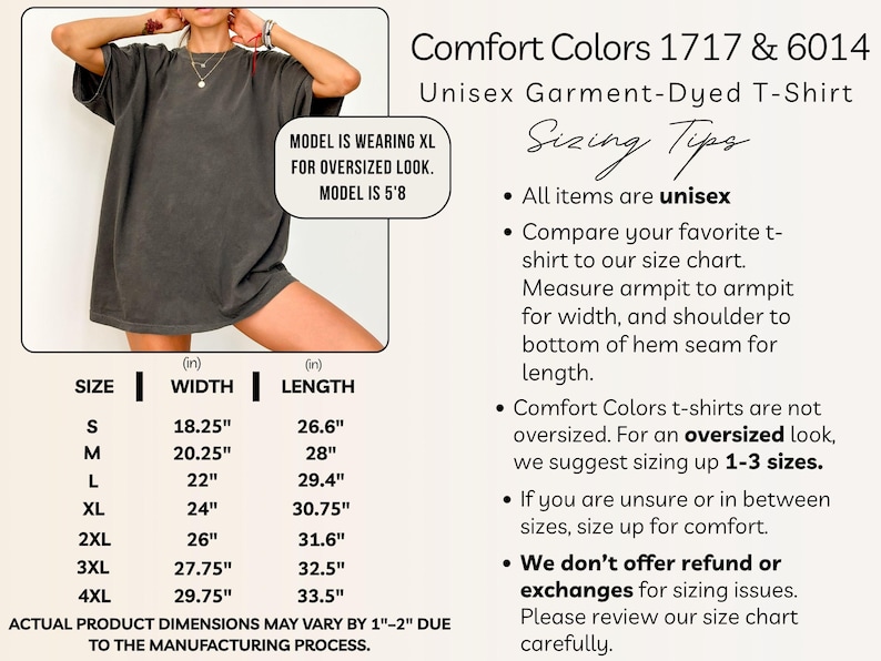 Puede incluir: Una camiseta unisex Comfort Colors te&ntilde;ida en prenda de color gris oscuro. La imagen incluye una tabla de tallas con medidas en cent&iacute;metros, y el texto dice que el modelo lleva una XL para un look oversize. La modelo mide 1,73 m.